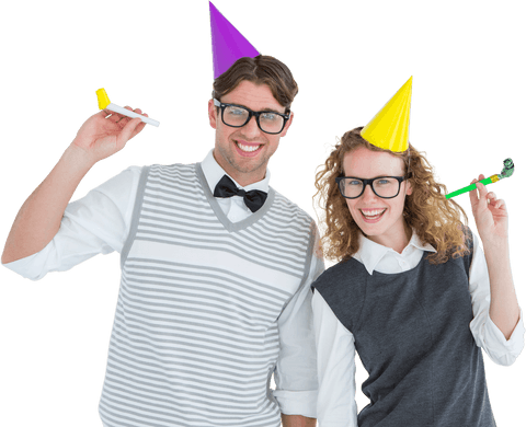Cheerful Couple with Transparent Joker Costumes and Party Accessories