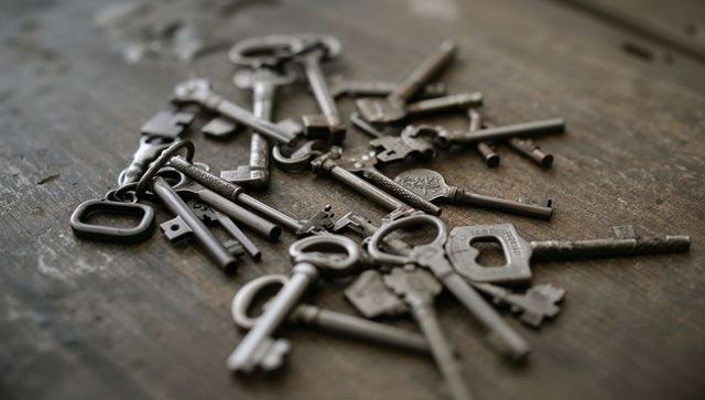 Resting vintage metal keys with patina on worn wooden tabletop, antique skeleton keys