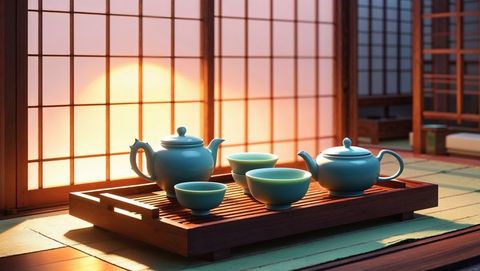 Anime celadon tea set illuminated by sunrise on tatami mats