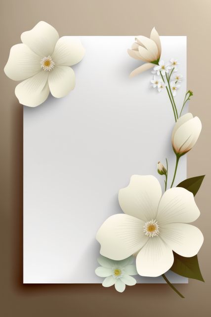 Design featuring elegant white flowers framing a central blank space that can be used for invitations, greeting cards, announcements, wedding invitations, or any decorative stationary. Ideal for adding a touch of sophistication and nature's beauty to any print or digital project.