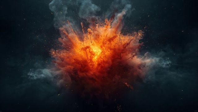 High-contrast Fiery Explosion in Dark Void with Glowing Embers and Smoke Plume