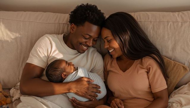 Newborn bonding smiling parents cradling swaddled baby on cozy beige sofa in warm light
