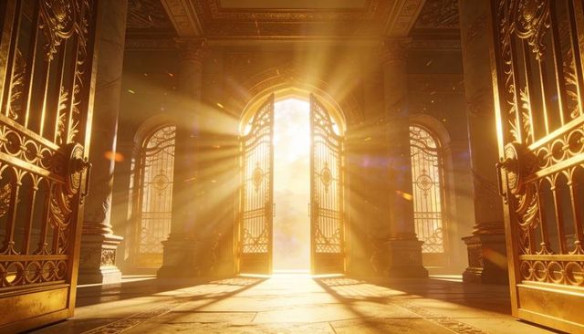 Golden filigree double gates opening to sunlit palace hall with arches and columns