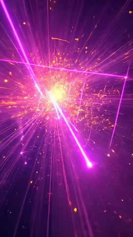 Vertical neon core pulsing in purple void with rotating wireframe, laser beams and sparks