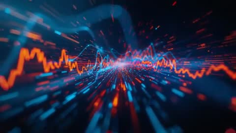 Surging Data Tunnel Visualization with Neon Orange and Cyan Waveforms and Motion Lines