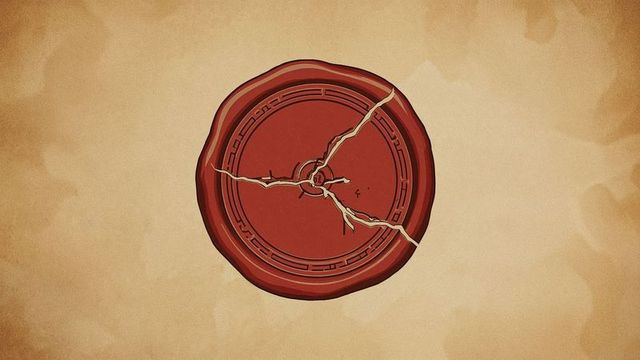 Red cracked wax seal on aged parchment