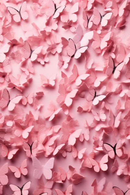 Vibrant display of paper butterflies in pastel pink color, suitable for themes related to creativity, decorating, and dreams. Perfect for backgrounds, art projects, and spring-themed designs.