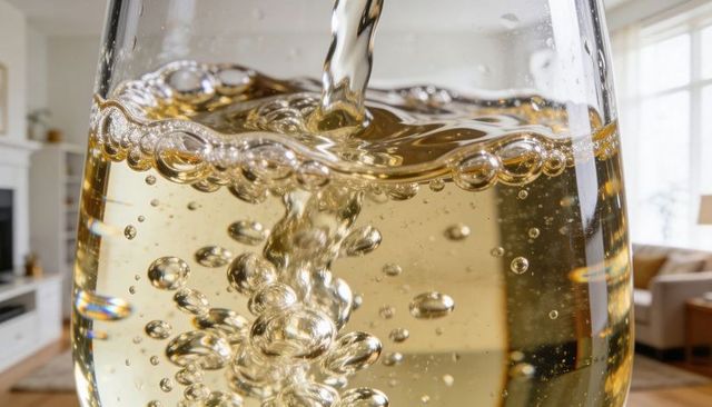 Pouring golden sparkling wine into sunlit wine glass, capturing bubbles and reflections