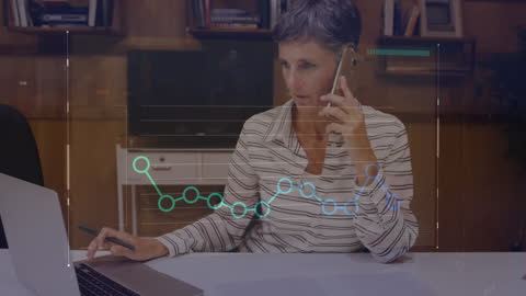 Professional Woman Analyzing Data with Digital Graphics Overlay