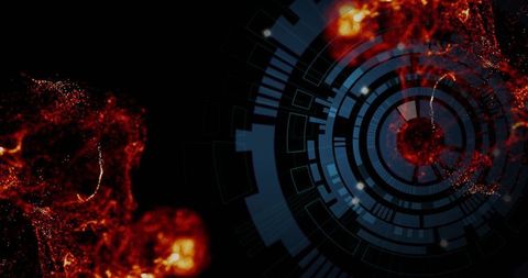 Pulsing Blue HUD Rings Overlapping Red Nebula Filaments with Glowing Nodes