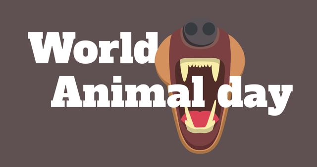 Illustration of world animal day text with animal mouth and teeth on gray background. Cartoon, computer graphics, vector, world animal day, environmental conservation, wild animal.