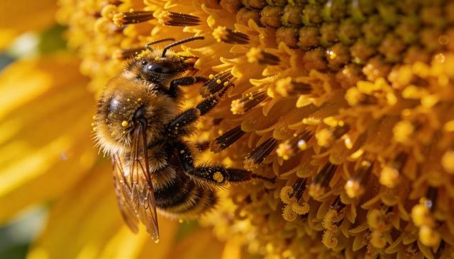 Macro bee foraging on sunflower head covered in golden pollen, closeup detail