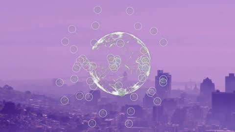 Rotating Digital Globe Overlay on Modern Cityscape