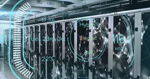 Electric Car Data Processing in Server Room with Global Connections Overlay - Download Free Stock Images Pikwizard.com