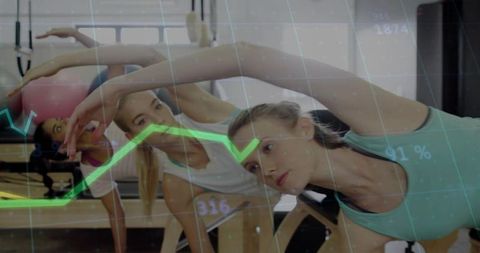 Women stretching in group fitness class performing side-bend with performance chart overlay
