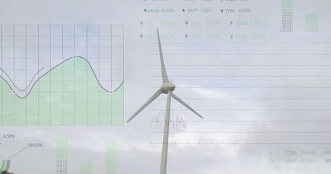 Wind Turbine with Renewable Energy Analytics Overlay Showing Green Charts and Percentages