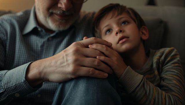Grandfather and grandson sharing quiet evening clasping hands on sofa warm family bond