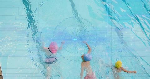 Children Swimming with Digital Interface Overlay in Vibrant Pool