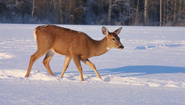 Doe walking across snow-covered meadow at golden hour casting long shadow near forest