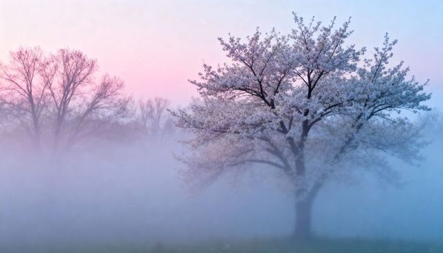 Solitary cherry tree blooming through morning mist at pastel sunrise for calm background