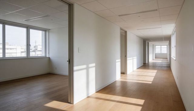 Sunlit minimalist office corridor showing wood floor, large windows, clean white walls