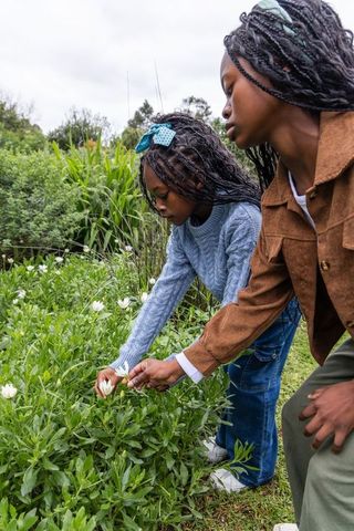 African american sisters kneeling and exploring garden flowers together in lush greenery