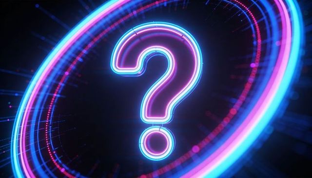 Glowing neon question mark radiating futuristic holographic rings