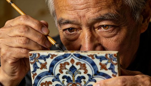 Master hand painting ornate ceramic tile close-up showing fine brushwork and concentration