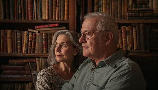 Thoughtful senior couple reflecting in vintage home library with warm lighting