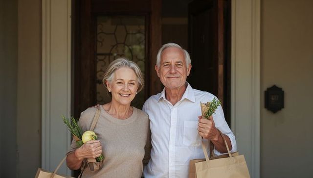 Smiling senior couple carrying grocery bags with fresh produce and herbs on front porch