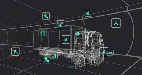 Wireframe electric truck displaying telemetry and sustainability icons in virtual tunnel