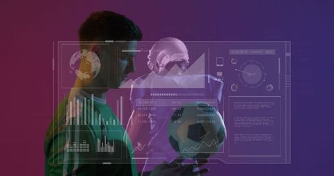 Futuristic soccer athlete analyzing performance data