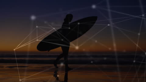 Silhouette of Surfer with Digital Network Overlay at Sunset