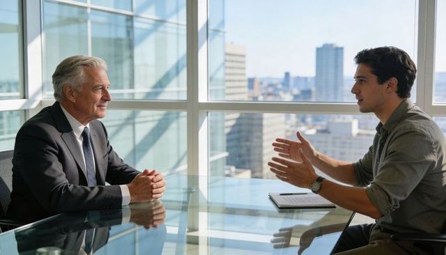 Executive Listening While Young Professional Presenting Ideas in Glass High-Rise Office