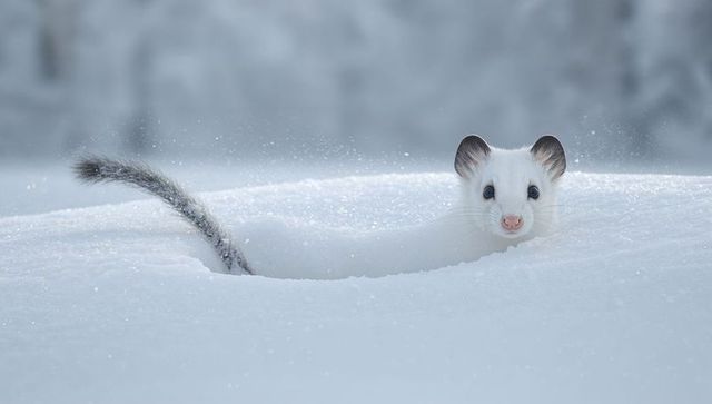 Ermine stoat peeking from snow tunnel with tail across sparkling winter snow