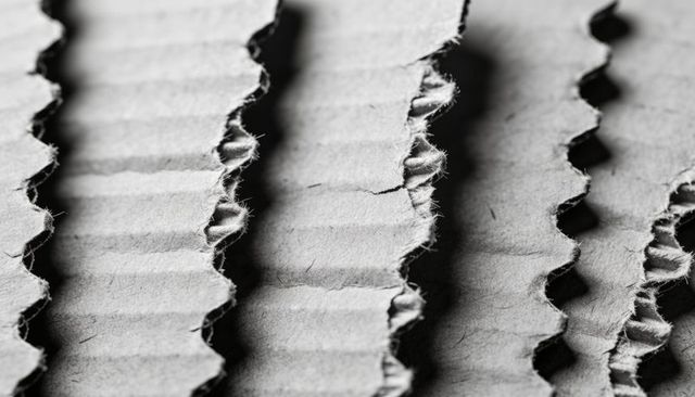 Displaying torn corrugated cardboard strips with exposed fluting and fibrous texture