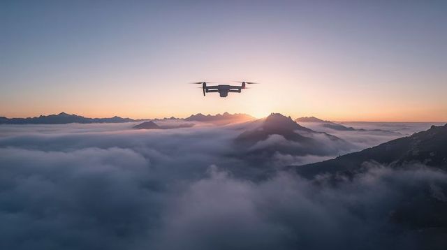 Drone Hovering Above Alpine Cloud Inversion at Sunrise Over Majestic Mountain Peaks