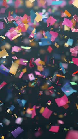 Vertical confetti cascade rotating with metallic glints and bokeh depth for celebrations