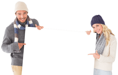 Smiling Couple in Winter Attire Holding Transparent Poster