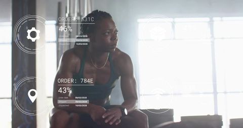 Female Athlete Resting After Intense Gym Workout with Futuristic HUD Overlay