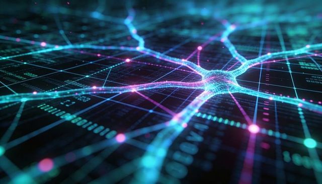 Neural nexus radiating neon filaments across digital circuit grid with pulsing data nodes