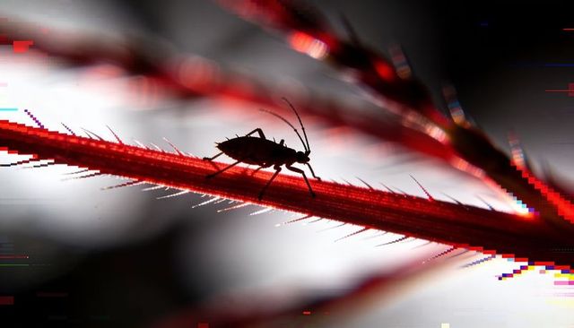 Crimson backlit insect silhouette crawling on hairy stem with glitch light accents