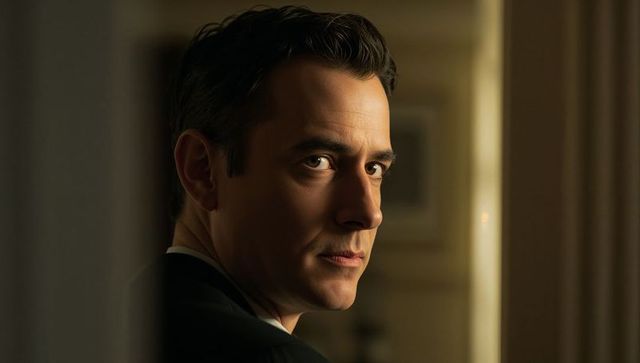 Moody cinematic portrait man in dark suit gazing over shoulder in dimly lit hallway
