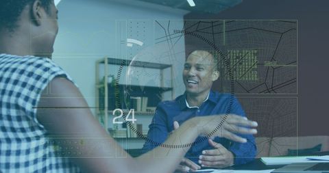 Business Technology Meeting with Digital Interface Overlay