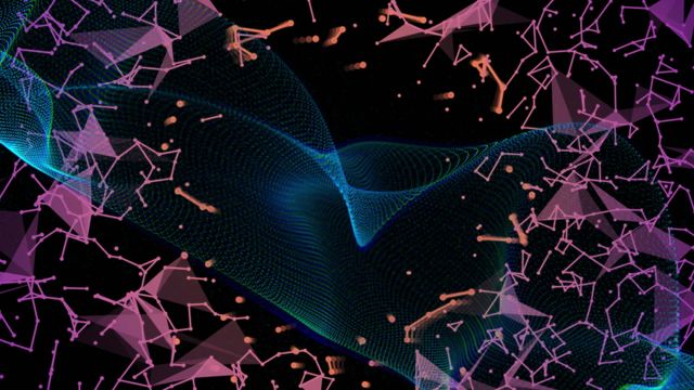 Colorful animation depicting data processing with abstract geometric shapes and light trails against a black background. Ideal for use in digital transformation, technology, business presentations, global network concepts, and modern data visualization designs.