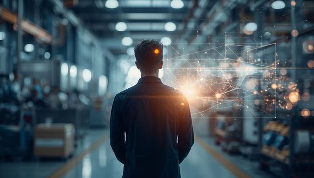Engineer surveying smart factory aisle with augmented reality network visualization