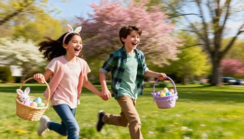 Children running holding hands carrying easter baskets on spring lawn with blooming trees