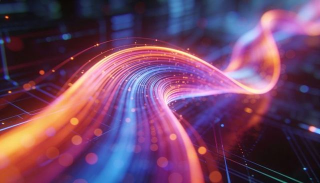 Streaming luminous data ribbon arcing across neon digital grid with sparkling particles