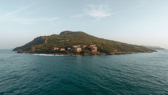Terracotta-roofed island village rising from turquoise sea with rocky coastline and hills