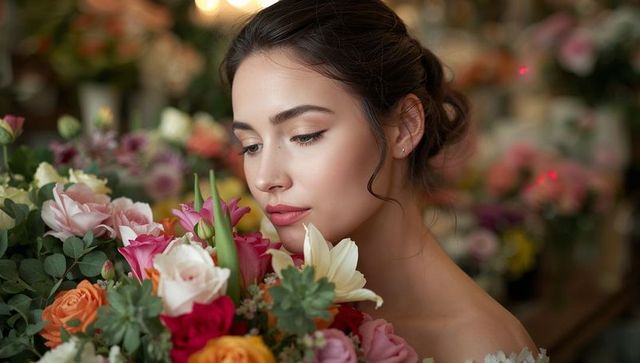 Bridal beauty smelling romantic rose and lily bouquet wearing off-shoulder dress
